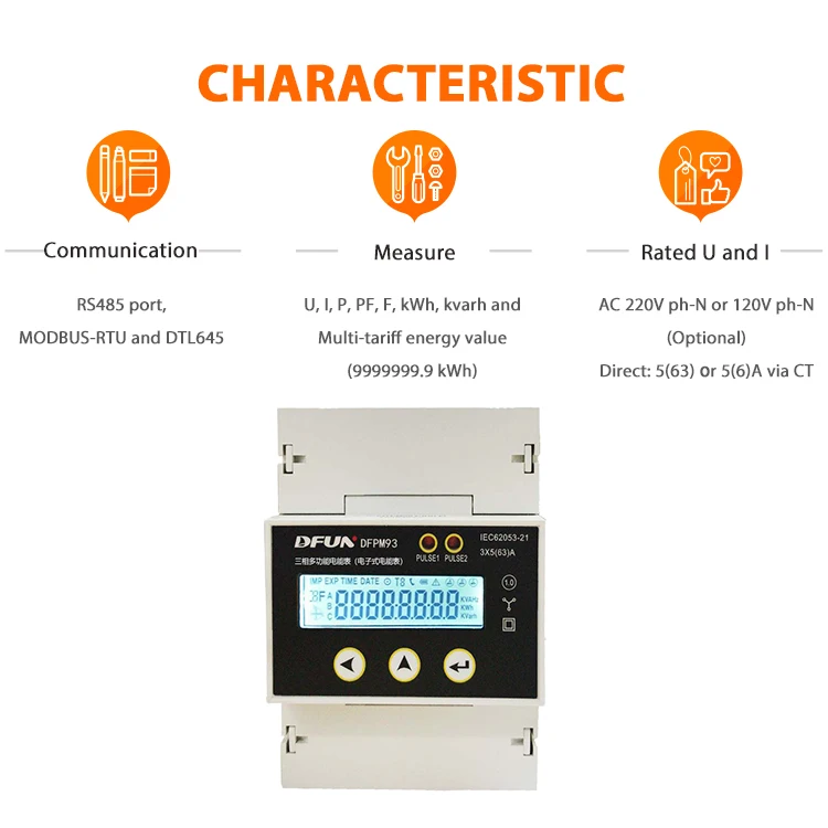 DFPM93 Din Rail 3 เฟสมัลติฟังก์ชั่น RS485 63A เครื่องวัดพลังงานคำอธิบาย